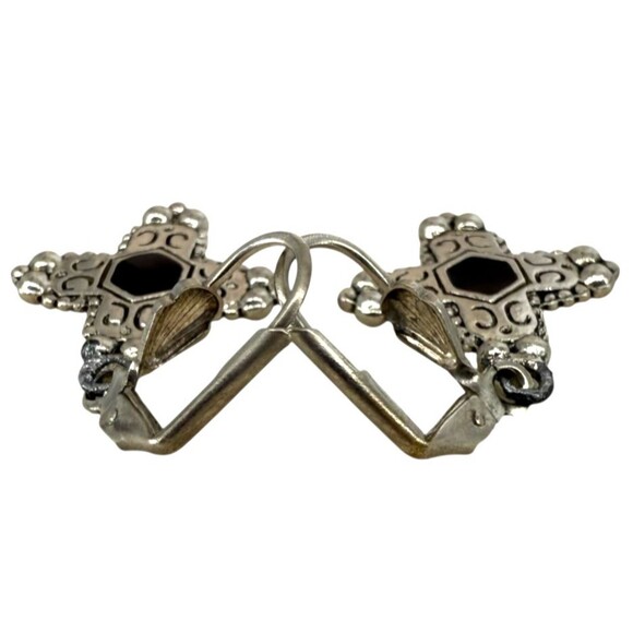 Inca Chakana Cross Earrings Silver Tone Black Onyx Inlay Dangle Boho NO MARKINGS - Picture 8 of 15